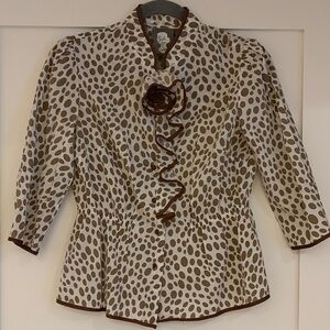 Anthropologie Polka Dot Ruffle-Front Blouse in White and Brown